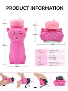 BENNY 可爱3D猫咪可折叠硅胶儿童水瓶 600ml，可折叠防漏，带登山扣 | 开斋节礼物、斋月特惠、返校季礼物、复活节礼物篮礼物、圣诞节礼物（适合女孩、男孩、幼儿） - 彩色 - 查看 8