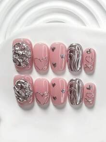 10件套手工美甲套装，包含3D液态金属美甲装饰，包括银色心形、3D线条贴纸，搭配银色镜面粉，打造时尚金属美甲。套装内含美甲工具（1个果冻贴纸+1个指甲锉）。适用于方形、短方形、杏仁形指甲，是派对、日常佩戴、活动、拍照、春夏通勤的理想之选。 - 彩色 - 查看 4