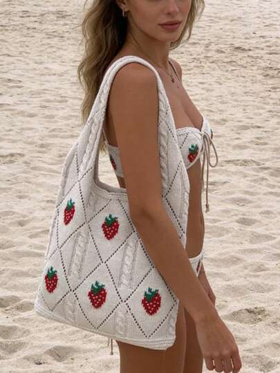 樱桃刺绣女士针织手提包 - 耐用面料，时尚樱桃图案沙滩包，夏季女士必备
