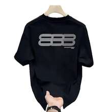 Nueva camiseta popular de manga corta para hombre, de algodón puro de alta calidad, estilo urbano americano de verano, moderna y elegante, holgada y casual para jóvenes. - [Tres 888 antes y después] Negro - Ver 7