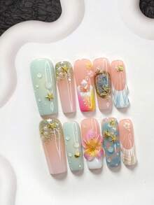 10pcs Dreamy Ocean Fairy Tale Style Nail Art Set, Acrylic Nail Stickers, Handmade 5-Petal Gradient Pink Flower Nail Decorations, Gold Seashells, Starfish, Scallops, White/Pink/Yellow 5-Petal Camellia, Hand-Painted Gold/Silver Beach, Blue Zebra Print, Brown Seashell Texture Decor, Solid Blue Wave Pattern Press On Nails - 彩色 - 查看 4