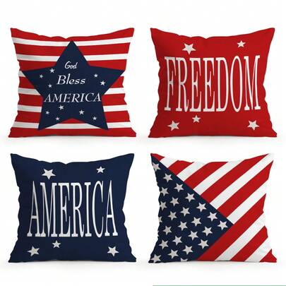 4pcs American Flag & Independence Day Pattern Pillow Covers, Single-Sided Printed Cushion Covers, Suitable For Living Room, Bedroom, Home Decor, All Seasons