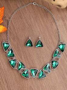 3PCS Vintage Geometric Triangle Necklace, Unique Exaggerated Luxurious Jewelry Set, Evening Dress Accessories, Earrings - 綠色 - 查看 13