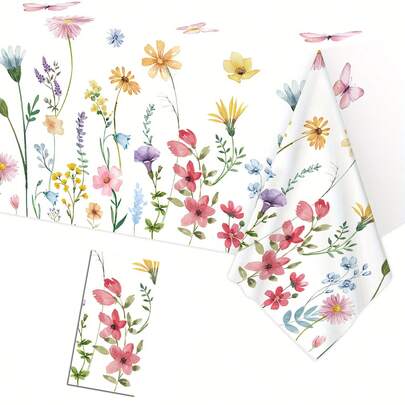 Spring Watercolor Floral Theme Disposable Plastic Party Tablecloth, 108x180cm With Flowers And Butterflies Patterns, Perfect For Spring Parties, Weddings, Engagements And Tea Party Celebrations, Party Supply Decor