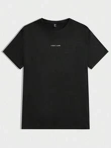 Camiseta casual de cuello redondo con estampado de eslogan para hombre, Cosas de pareja - Negro - Ver 2