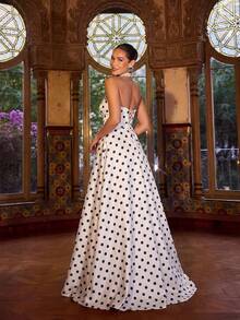 Faeriesty 优雅无肩带波点长裙，女士款——褶皱高腰设计，前高开衩，飘逸A字裙摆，适合婚礼宾客、花园派对、春季正式场合、复古活动及度假等场合，白色 - 白色 - 查看 7