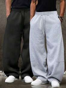 Men's Loose Fit Wide Leg Pants In Gray, Featuring Solid Color Design With Drawstring Waist Details, Made Of Thin Polyester Fabric, Suitable For Casual Wear, Everyday Outings And Sports Activities In Spring And Summer - Xám - Xem 9
