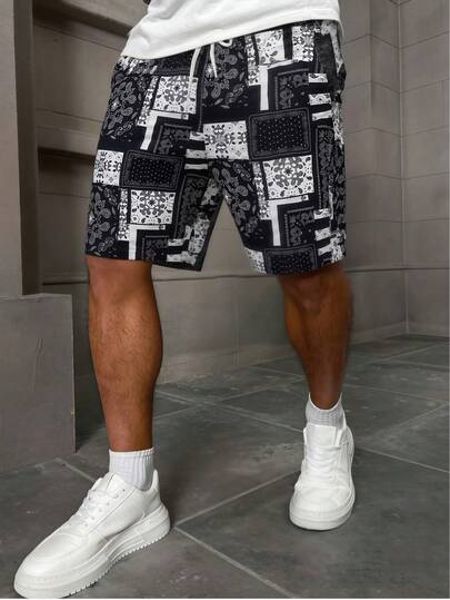 Pantalones cortos casuales de playa con cordón en la cintura y estampado de flores de anacardo para hombres