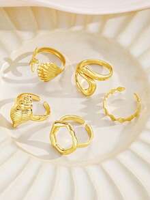 17KM 5pcs Boho Style Starfish & Seashell Design Ring Set, Suitable For Women, Couples, Sisters, Beach, Vacation, Date, Daily, Party, Wedding, Gift For Mom, Friend - Yellow Gold - View 5