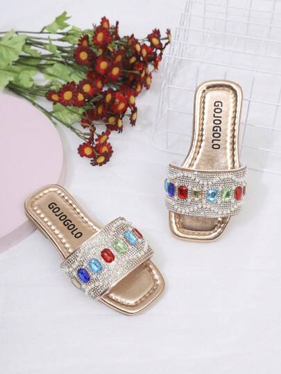 Children's Fashion Slippers, New Summer Square Toe Rhinestone Shiny Design Fashionable Slip-On Slippers, Girls Beach Sandals