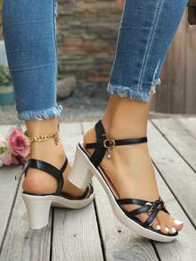 1 Pair Women's Summer New Fashion Crystal Pendant One-Strap Comfortable Soft-Sole High Heel Sandals, Minimalist Style Suitable For Casual, Work, And Solid Color Wedding Heels - Black - View 8