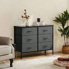 Sweetcrispy Dresser Bedroom 6 Drawers Wide Fabric Storage Units Chest Of Drawers Bedroom With Metal Frame And Wooden Top TV - 灰色 - 查看 5