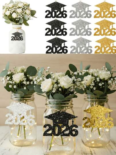 24pcs/Set 2026 Graduation Party Decorations - Glitter Graduation Cap Tags, Colorful Paper Flower Bouquet Vase Centerpieces, Paper Material, Perfect For Graduation Ceremony Centerpiece, Graduation Party Decor