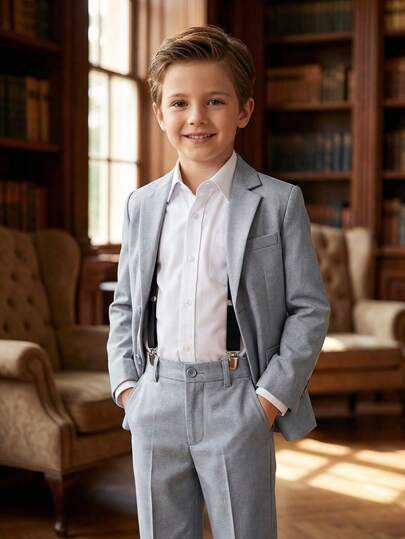 Tween Boy Light Grey 3 PiecesSuit Set: Jacket, Pants, Suspenders