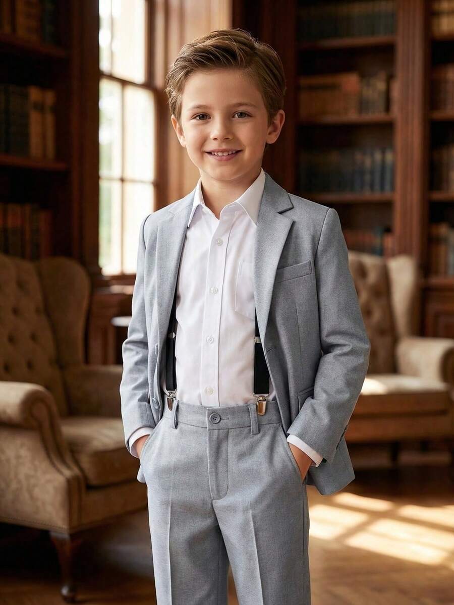 Tween Boy Light Grey 3 PiecesSuit Set: Jacket, Pants, Suspenders - Light Grey - View 1