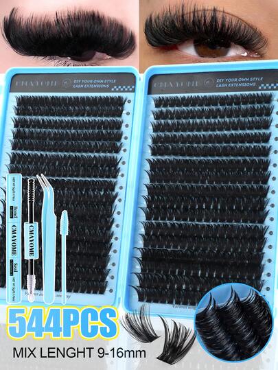 DIY Eyelash Cluster False Eyelash Extension Set 640/544pcs 30D40D50D60D80D100D Single Eyelash, Super Thick, D Curl 8-16mm Mixed Length Eyelashes, DIY At Home False Eyelash Extension, Light Cartoon Eyelash Effect.Faux Mink Eyelashes.Large Capacity Personal Use For Daily Makeup