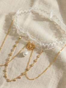 1pc Women's Lace Trim Gold Bow Elastic Bridal Hair Tie - White - View 4