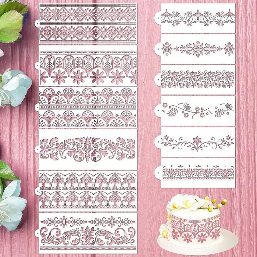 Cake Stencils Decorating For BaFKing - 12 Pcs Reusable Floral Border Stencils, Mexican Art Flower Lace Stencil, Buttercream Templates For Painting On Wood Crafts - Ornatecake - View 1