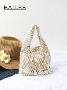 BAILEE 1 Set Polyester Crochet Mesh Bottom Multi-Color Solid Knitted Tote Bag, Quilted Pattern, Lightweight Portable Large Capacity Cute Fashion Beach Bag, Suitable Women, Young Professionals, Teachers/Girls - 白色 - 查看 6