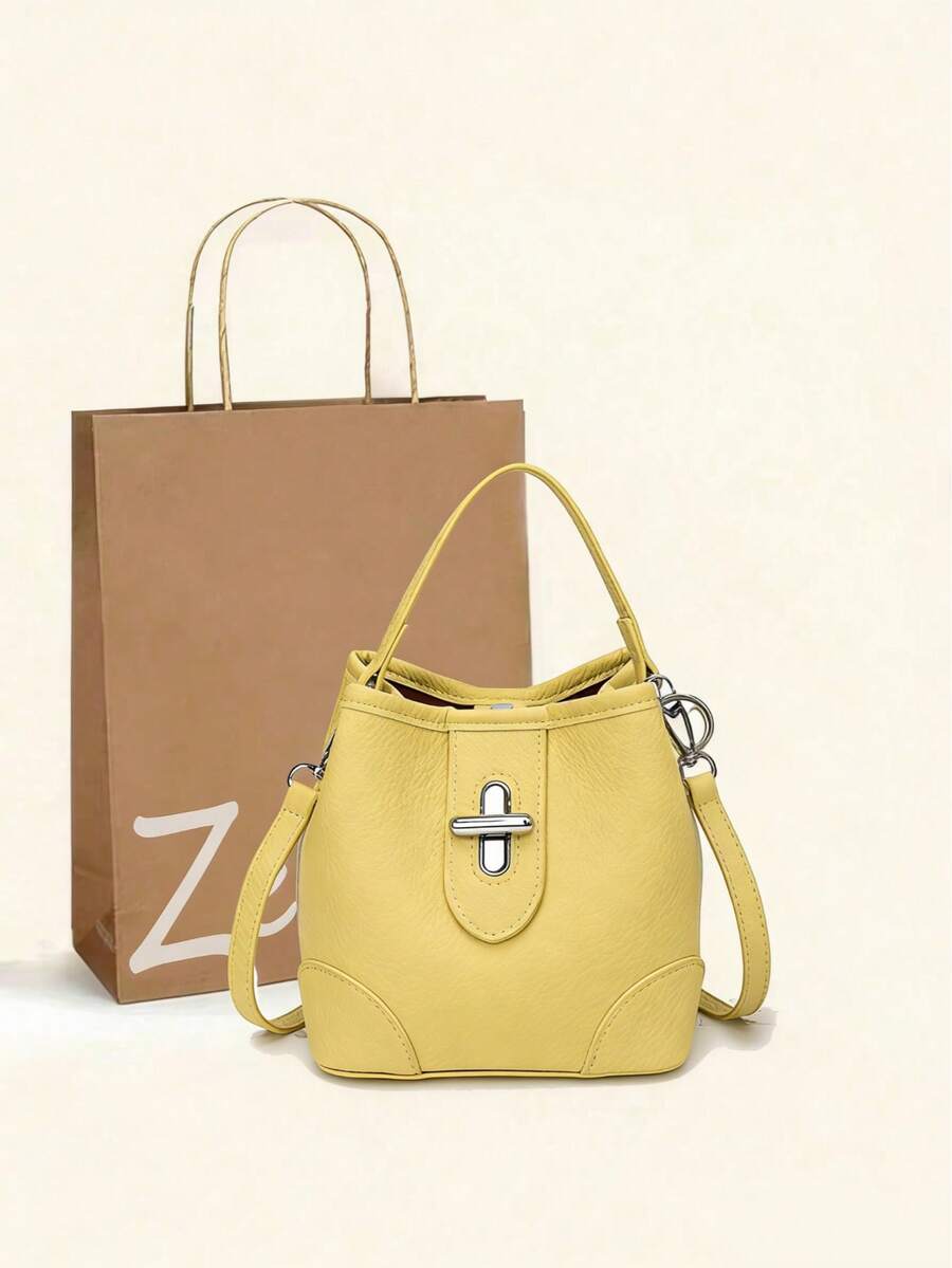 New Fashionable Solid Color Dopamine Litchi Grain Exquisite Niche Design Twist Lock Handbag, European And American Style Korean Chic Casual Bucket Shoulder Bag, Suitable For Daily Commute, Shopping, School, Travel, Crossbody Bag For Women
