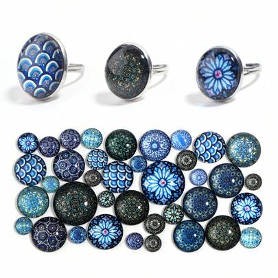 10 viên đá thủy tinh tròn/gói, nhiều kích cỡ, hình hoa, bề mặt lồi sáng bóng, dùng để tự làm nhẫn, mặt dây chuyền, bông tai.