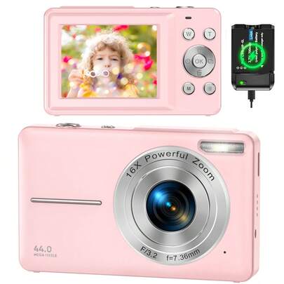 Nicamery 44MP 1080P Digital Camera, 16X Zoom, 32GB Memory Card, 2 Batteries, Compact Travel Camera Suitable For Photography, Digital Point Shoot, Ideal Gift For Teens And Elderly