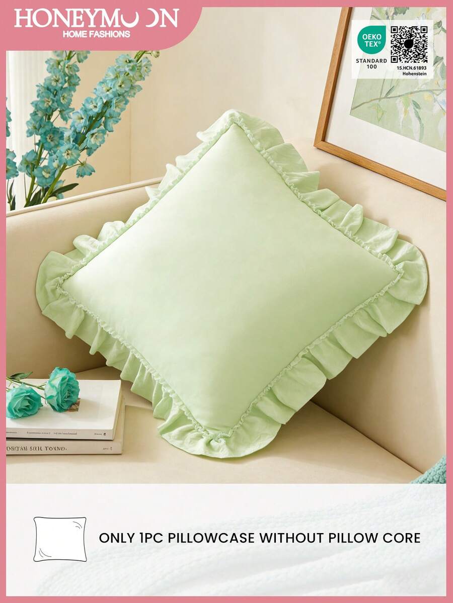 1pc Honeymoon Series Ruffled Quilted Throw Pillow Cover - Made Of Polyester Velvet Fabric, Romantic French Style Ruffled Pillow Cover (Pillow Insert Not Included), Envelope Closure, Wrinkle Resistant, Machine Washable, Oeko-Tex Certified, Light Green - Light Green - View 1