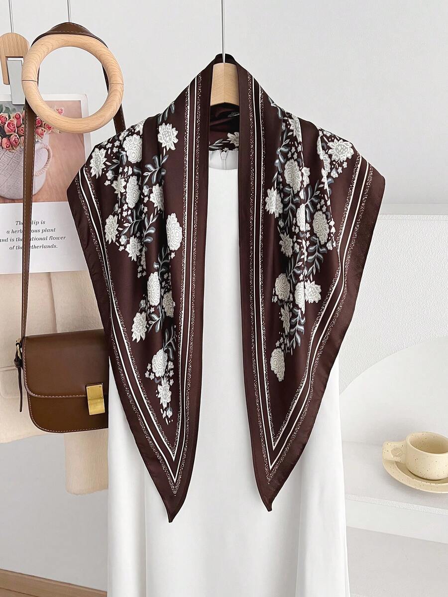 1 buc. Eșarfă elegantă din șifon din poliester cu imprimeu floral, potrivită pentru decorarea în toate anotimpurile - #2 Maro - Vizualizare 1