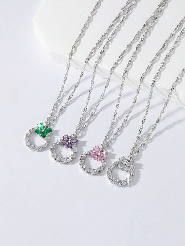 1pc Cute, Elegant Vintage Coin-Inspired Colorful Sparkling Zirconia Butterfly & Round Pendant Necklace, Versatile Daily Wear, Great Gift For Friends, Birthday, Graduation, Wedding - Multicolor - View 7