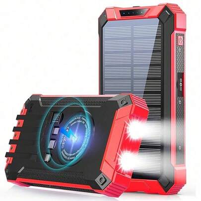 Solar Power Bank 46800mAh Wireless Portable Charger With USB-C 15W Fast Charging With 4 Built-In Cables LED Flashlight Battery Pack For All Cell Phones & Electronic Devices, Perfect For Camping, Hiking