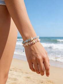12pcs/Set New Fresh Ocean Style Starfish Beaded Adjustable Bracelet Set - Boho Pink And Blue Layered Bracelets With Transparent Crystal Beads, Matte Jade Beads And Resin Starfish Pendants, Drawstring Adjustable For Summer Beach Vacation, Music Festival, Pool Party, Casual Wear, Nickel-Free Gift - Multicolor - View 2
