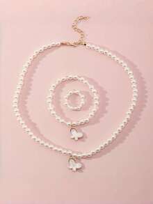 女孩蝴蝶珍珠首饰套装 3 件套 梦幻设计项链手链戒指耳环 可爱派对礼品 - 彩色 - 查看 2