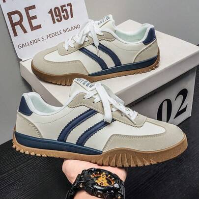 Men's Retro Striped German Training Sneakers, Beige & Navy Color Block Casual Skate Shoes With Gum Rubber Sole
