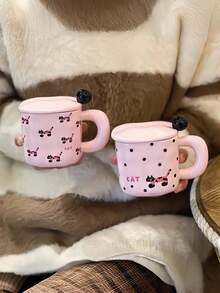 1个可爱粉色卡通猫咪陶瓷马克杯，带盖和勺子，时尚美观，可盛装水/牛奶/咖啡，适合客厅、卧室、办公桌摆放，亦可作为礼物。 - 彩色 - 查看 9