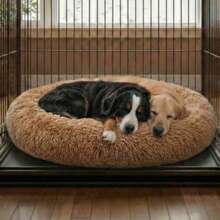 Weiches & bequemes Haustier Rundbett, gefüllt mit Plüschmaterial, warm & gemütlich wie auf einer Wolke liegen, geeignet für kleine/mittlere/große Hunde & Katzen, Kunstfell Stoff, 9 Farboptionen - Khaki - Übersicht 15
