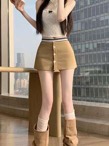 Chân váy chữ A mới, gợi cảm và tối giản, đa năng và tôn dáng, thích hợp cho mùa xuân/hè. - Màu Khaki - Xem 3