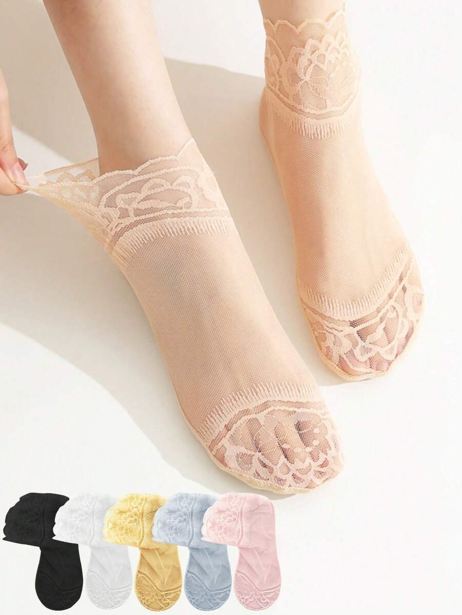1/5/10 Đôi tất nữ mùa hè viền ren Lolita, ren hoa mỏng, rỗng, chống trượt, trong suốt, kiểu thuyền, mềm mại