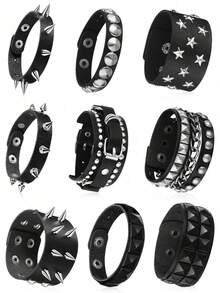 1/9 piezas Pulsera de cuero negro con remaches de estilo punk, brazalete de metal, muñequera unisex - Multicolor - Ver 2