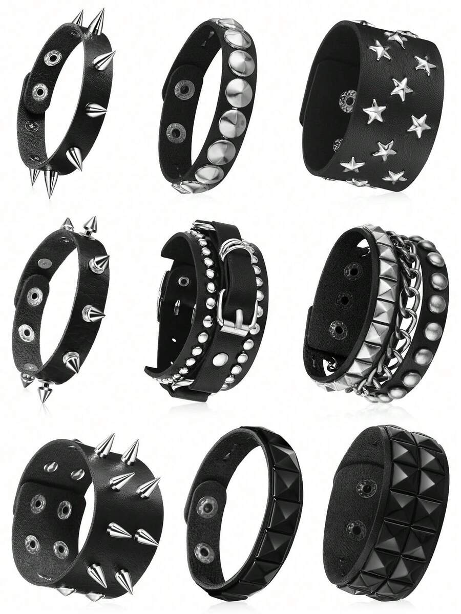 1/9 piezas Pulsera de cuero negro con remaches de estilo punk, brazalete de metal, muñequera unisex
