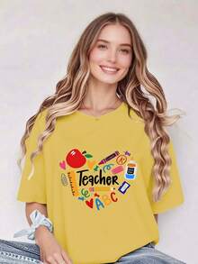 Camiseta para Mujer: Pure - Blackboard Fashion: Camiseta Inspiradora con Forma de Corazón para Maestras - Moda F9FH - Amarillo - Ver 1