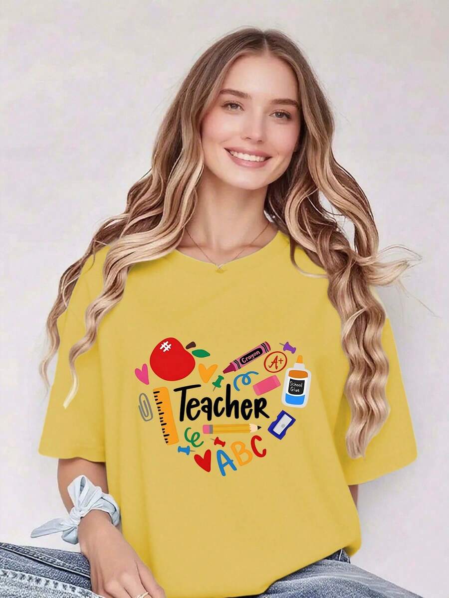 Camiseta para Mujer: Pure - Blackboard Fashion: Camiseta Inspiradora con Forma de Corazón para Maestras - Moda F9FH - Amarillo - Ver 1