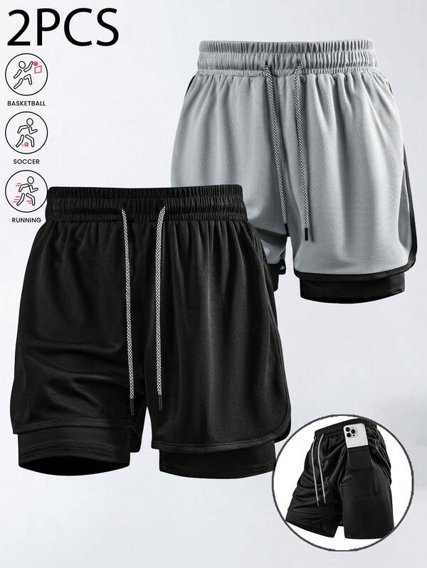 2pcs Men's Drawstring Waist Casual Sports Shorts, Cycling & Running Shorts, Fashion 2-In-1 Design, Solid Color Minimalist Sporty Shorts, Comfortable Breathable Loose Fit Suitable For Fitness, Running, Outdoor Activities Black Summer