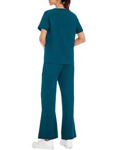 纯色V领短袖上衣和开衩裤实验服护士服套装，宠物医院诊所工作服套装，带口袋，春季款 - 墨綠色 - 查看 4