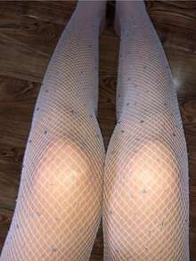 女士白色水钻渔网袜，闪亮亮片网眼连裤袜，性感透明丝袜，适合派对和日常穿着 - 白色 - 查看 3