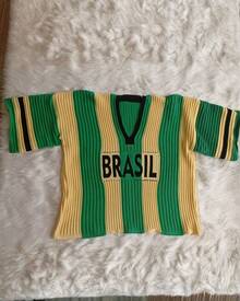 Women's Striped T-Shirt Brazil World Cup Ribbed Modal Knit V-Neck Short Sleeve Summer - Green/Yellow - View 2