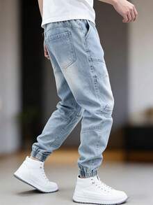 1PCS Teenage Jeans Stylish Cropped Design With Comfortable Tapered Legs, Perfect Fit For Teens In Modern Streetwear Style - Blue - View 2