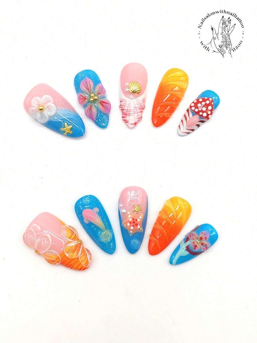 10片纯手工压制杏仁形美甲贴片,美甲用品,美甲贴片,沙滩必备,25毫米长,沙滩海洋造型,凸面花朵,蓝鲸卡通图案,凸面花朵,金色海星贝壳造型,蓝色渐变。夏季风格,可爱美甲贴片,返校季个性化搭配。 - 彩色 - 查看 1