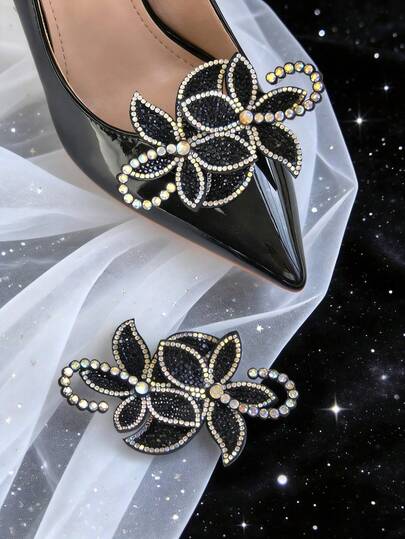 1对可拆卸3D花朵鞋夹，水晶装饰黑色鞋饰