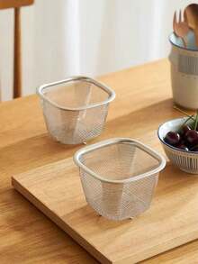 1pc Japanese Style Mini Square Stainless Steel Fine Mesh Strainer Basket, Fruit Washing Colander - Silver - View 4