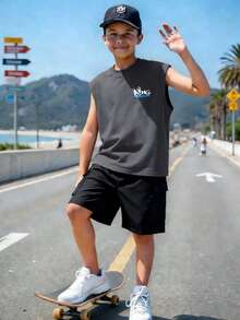 青少年男孩街头风滑板“KING”字母印花无袖背心+工装裤春夏舒适新款套装 - 深灰色 - 查看 2